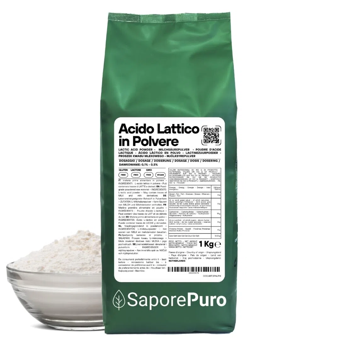 SaporePuro Acido Lattico in Polvere 1 kg – Qualità Alimentare Pura - Per Panificazione, Latticini, Bevande Fermentate e Uso Cosmetico