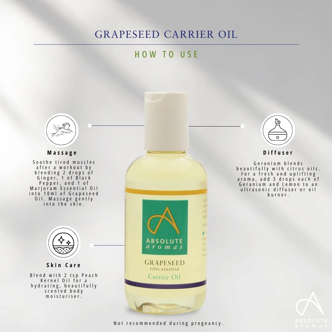 Absolute Aromas Olio di Semi d'Uva 500ml - Puro, Naturale, Spremuto a freddo, Cruelty Free, Vegano, Senza OGM - Olio base per Massaggi e Idratante Naturale per Pelle, Capelli e Unghie