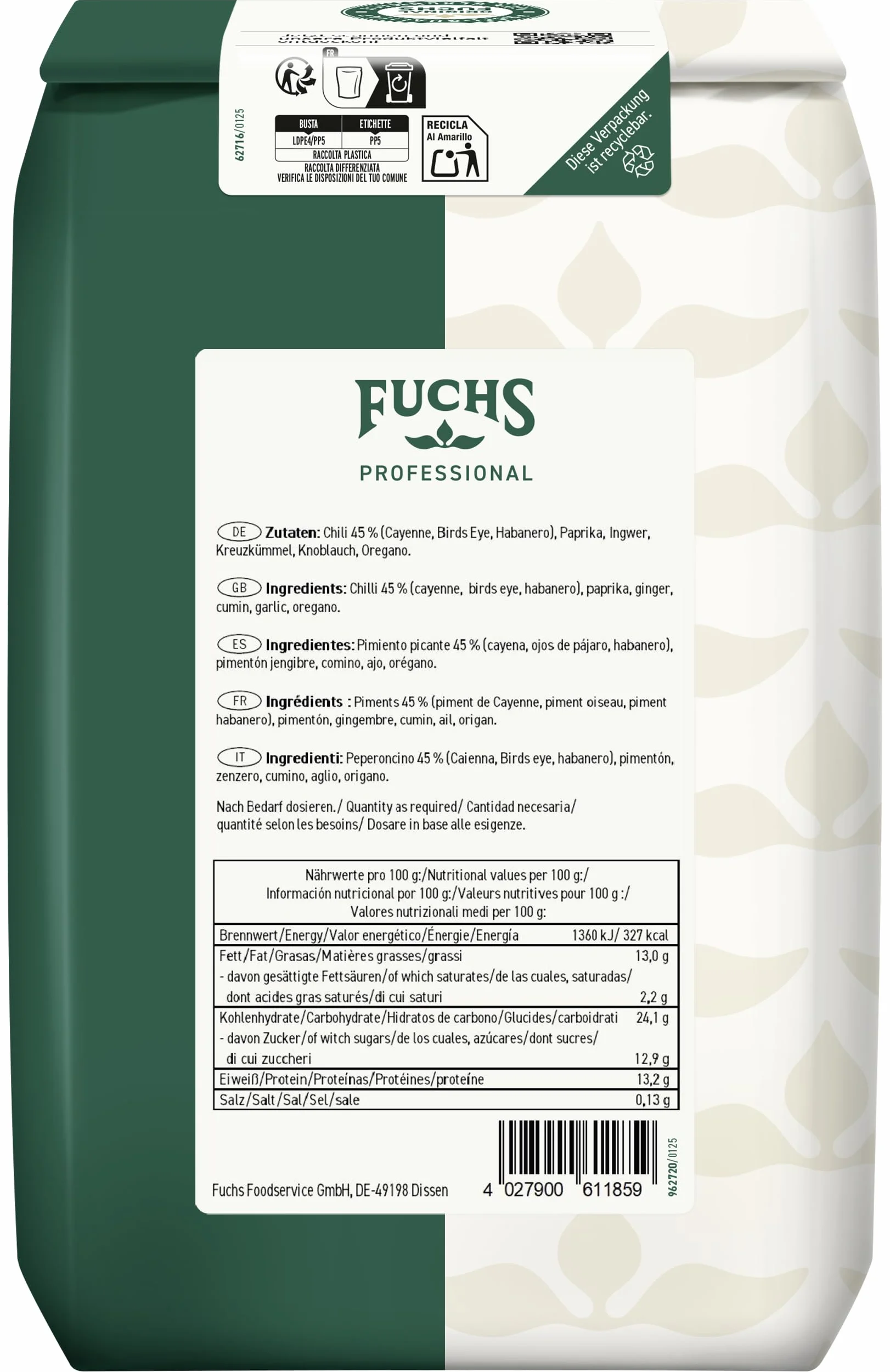 Fuchs Professional - Mix di spezie al peperoncino | 1000 g | Per piatti piccanti come il chili con carne | Con pratica spalmatrice | Qualità professionale per professionisti Ho.re.ca