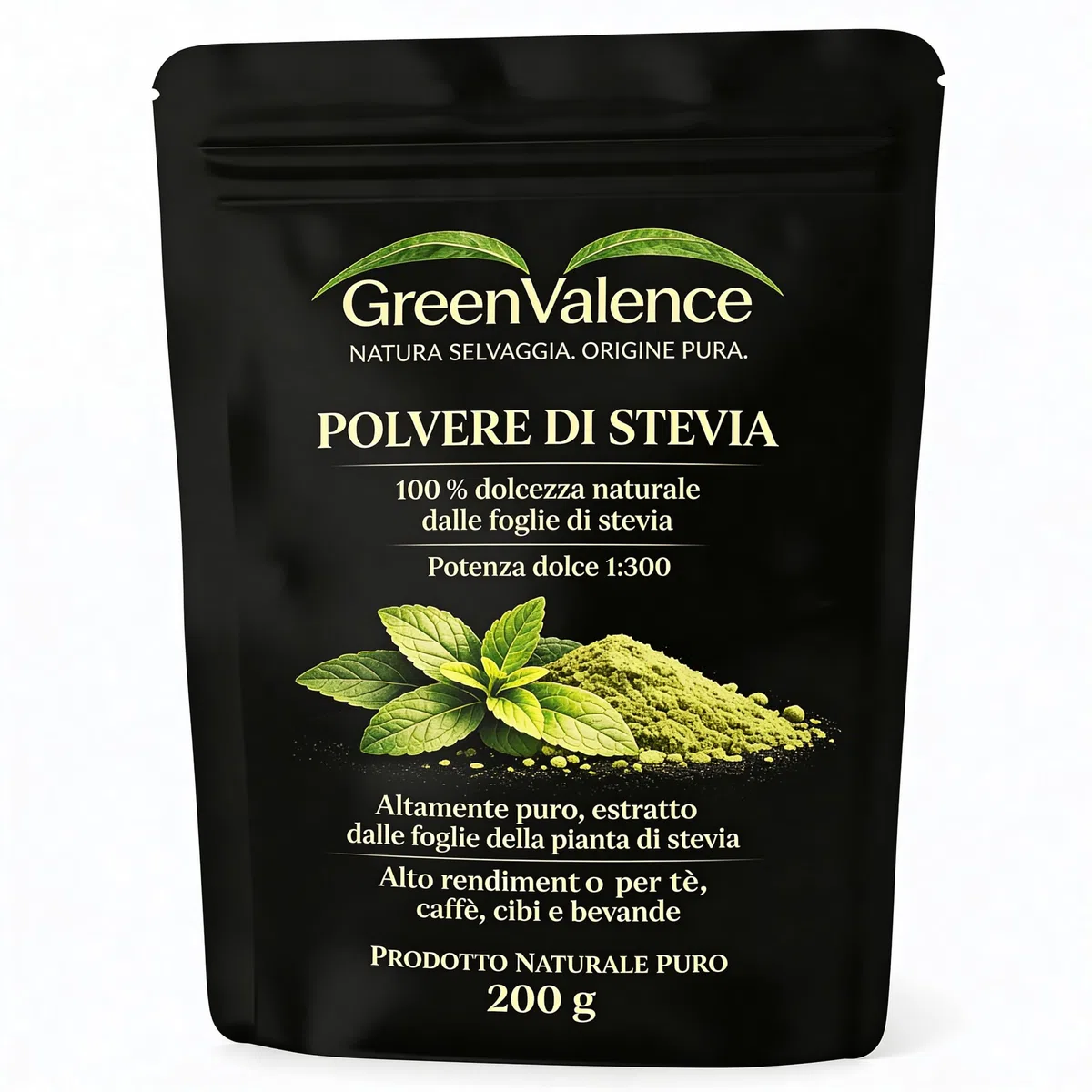 Polvere di Stevia - Dolcificante Naturale 100% da Foglie di Stevia | Alta Resa 1:300 | Alternativa Vegetale Senza Zucchero | Ideale per Tè, Caffè, Dolci, Bevande e Dessert (200 g)