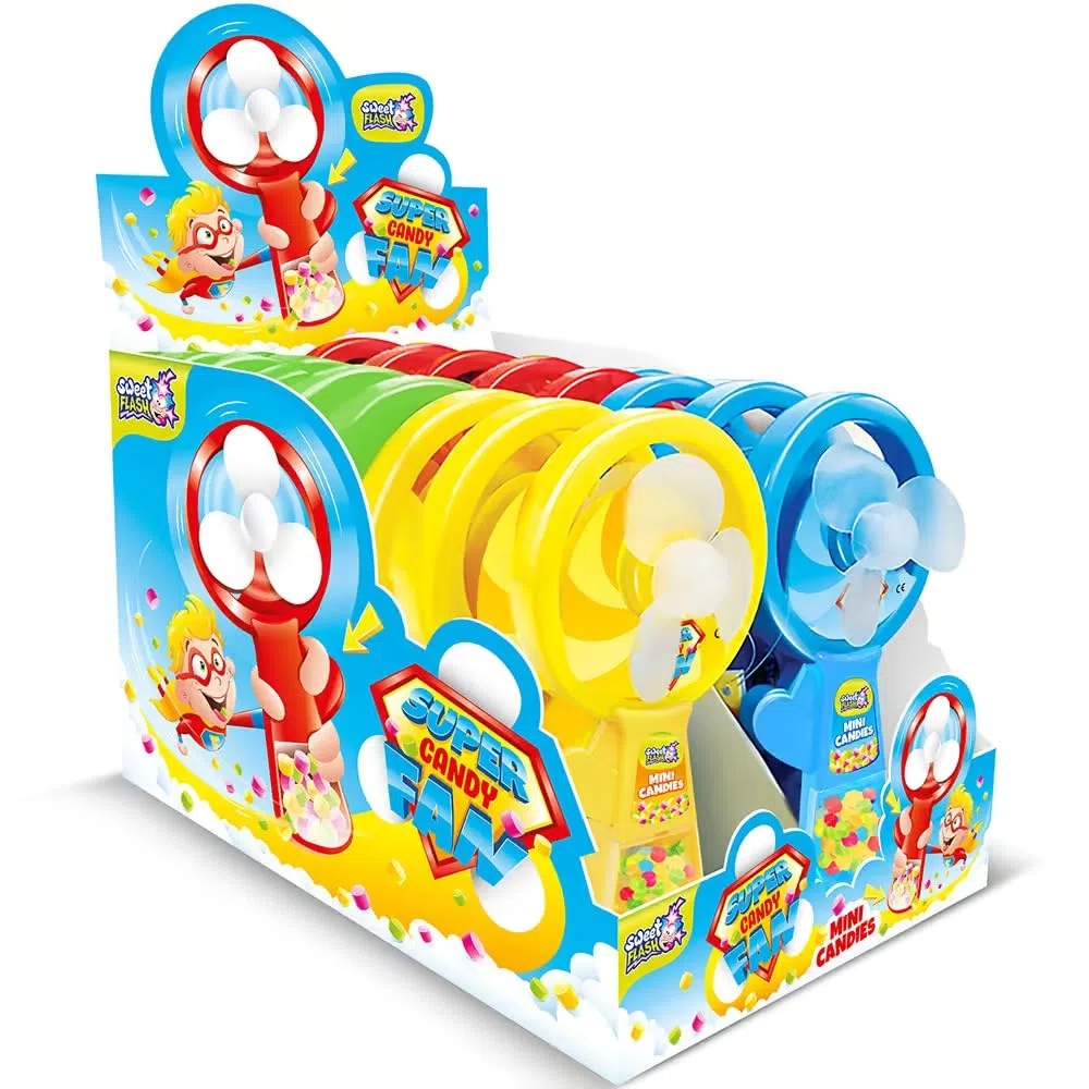 Super Candy Fan – Ventilatore manuale ricaricabile con perline di caramelle – Display da 16 – Dolce giocattolo per feste ed eventi