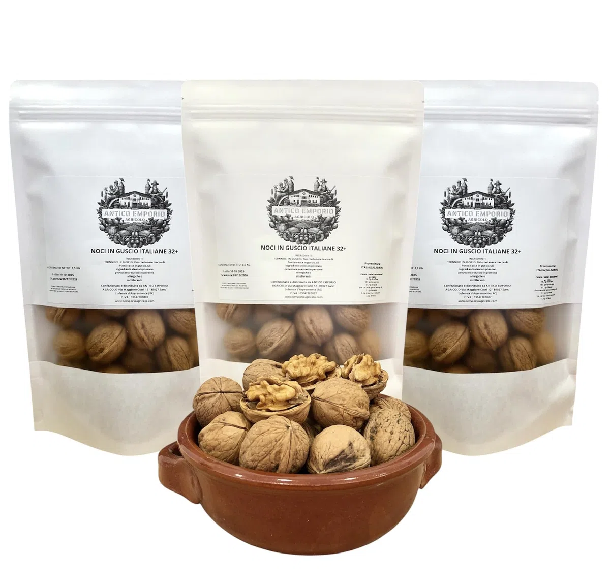 Noci in Guscio Naturali Italiane(Calabria) dal guscio morbido che si apre facilmente - Calibrate 32+ - Confezione in Kraft Richiudibile da 3 Kg