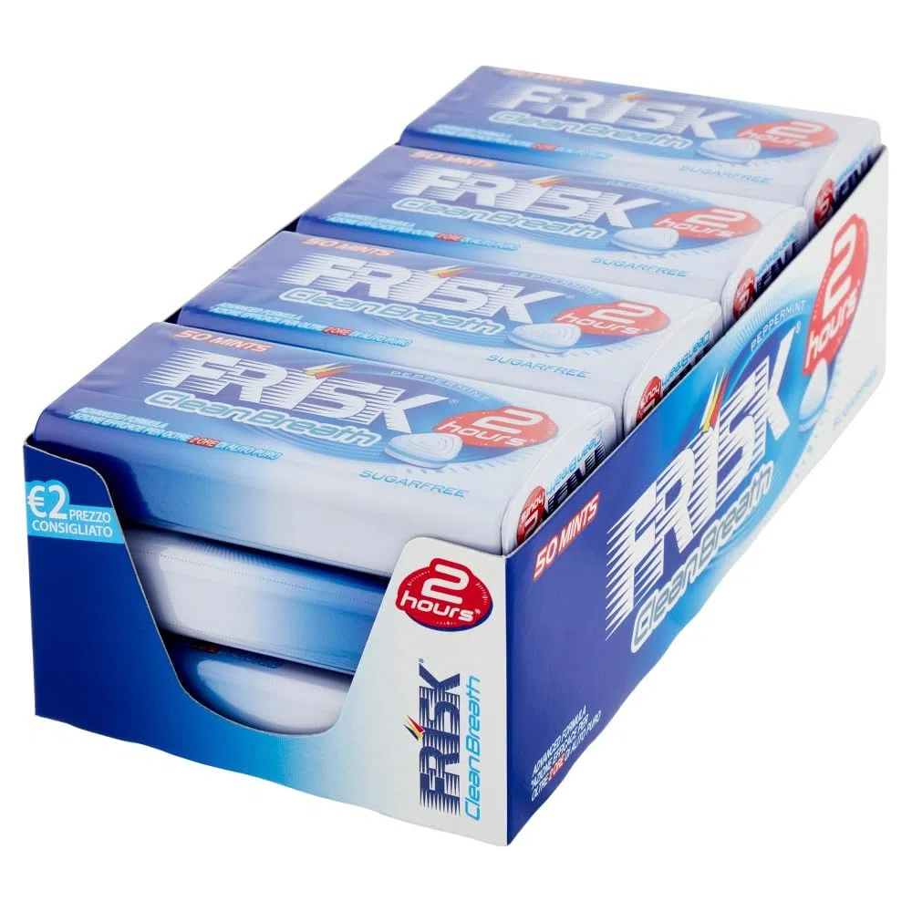 Frisk Clean Breath, Caramelle Dure Gusto Peppermint, Microcompresse con Zinco, con Edulcoranti, Senza Zucchero, Senza Glutine, 50 Unità, Confezione da 12