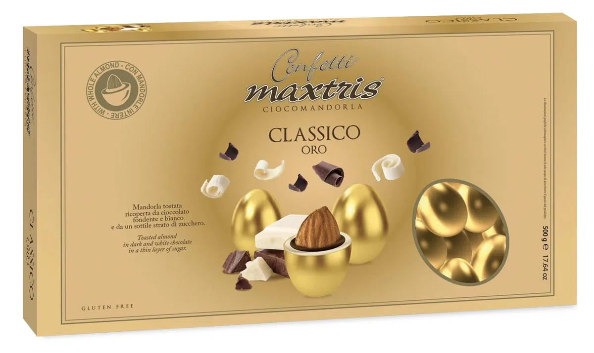 Confetti Maxtris Ciocomandorla Classico Oro, Cioccolato Bianco e Fondente con Mandorle Tostate, Gluten Free, Forma Ovale, Rivestimento Lucido Oro, 500 g