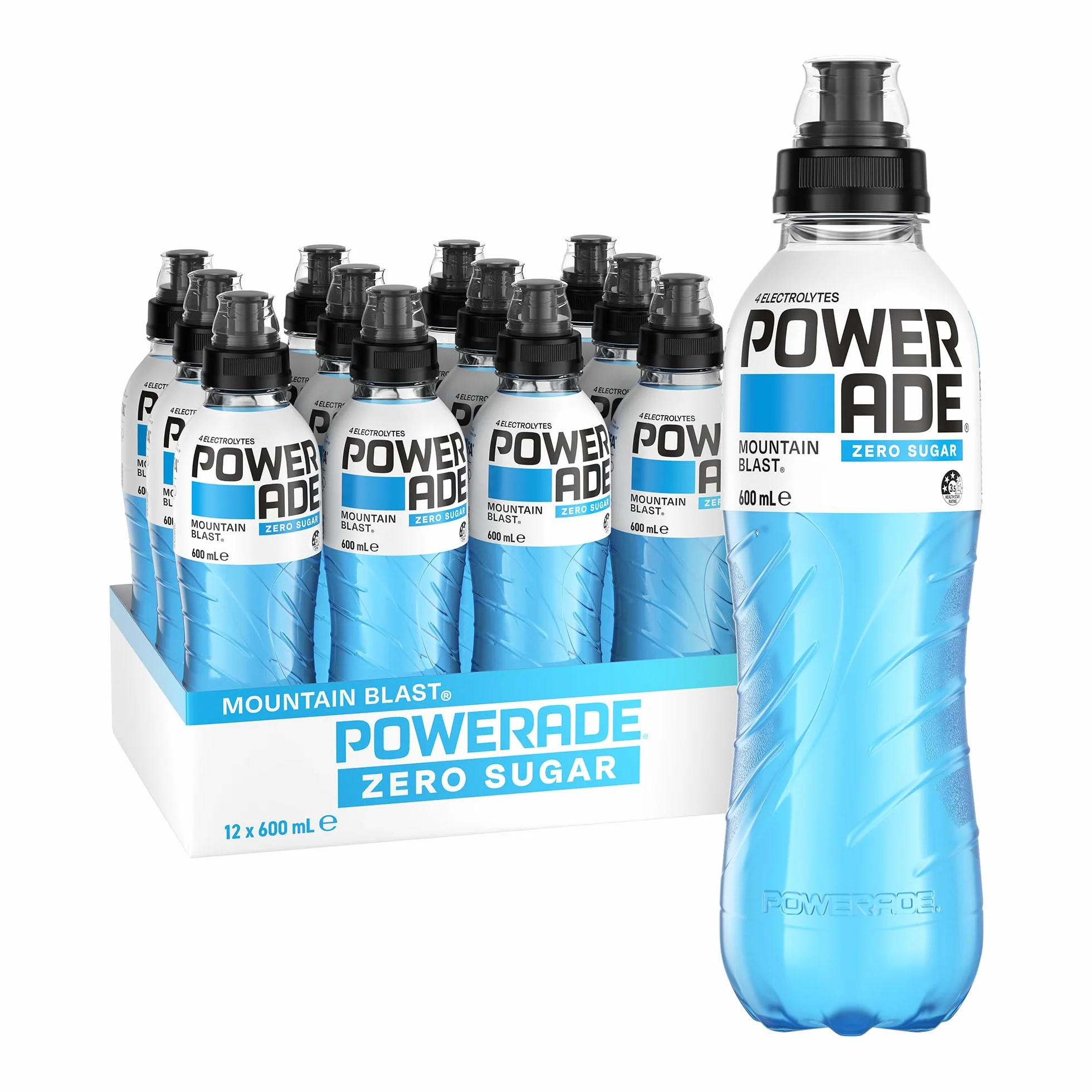 Powerade ION4 Mountain Blast Zero Sugar Sport Drink Multipck Bottiglie con tappo Sipper 12 x 600 ml
