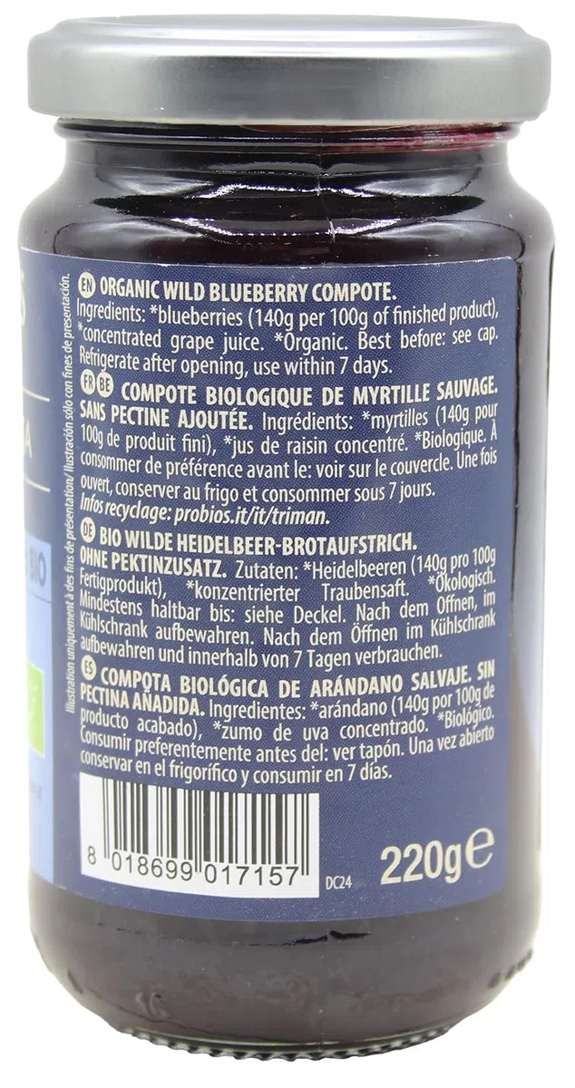 Probios Composta di Mirtilli Bio - Senza Glutine e Composta di Frutta Senza Zucchero - Dolcezza e Sapore Naturale senza Pectina Aggiunta - Confezione da 6 x 220 g