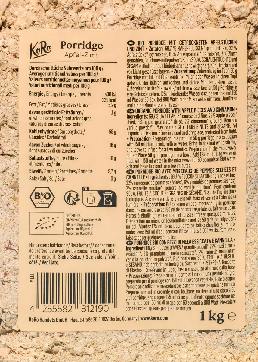 KoRo - Porridge mela e cannella bio 1 kg - vegan - aromatico e dolce - veloce da preparare