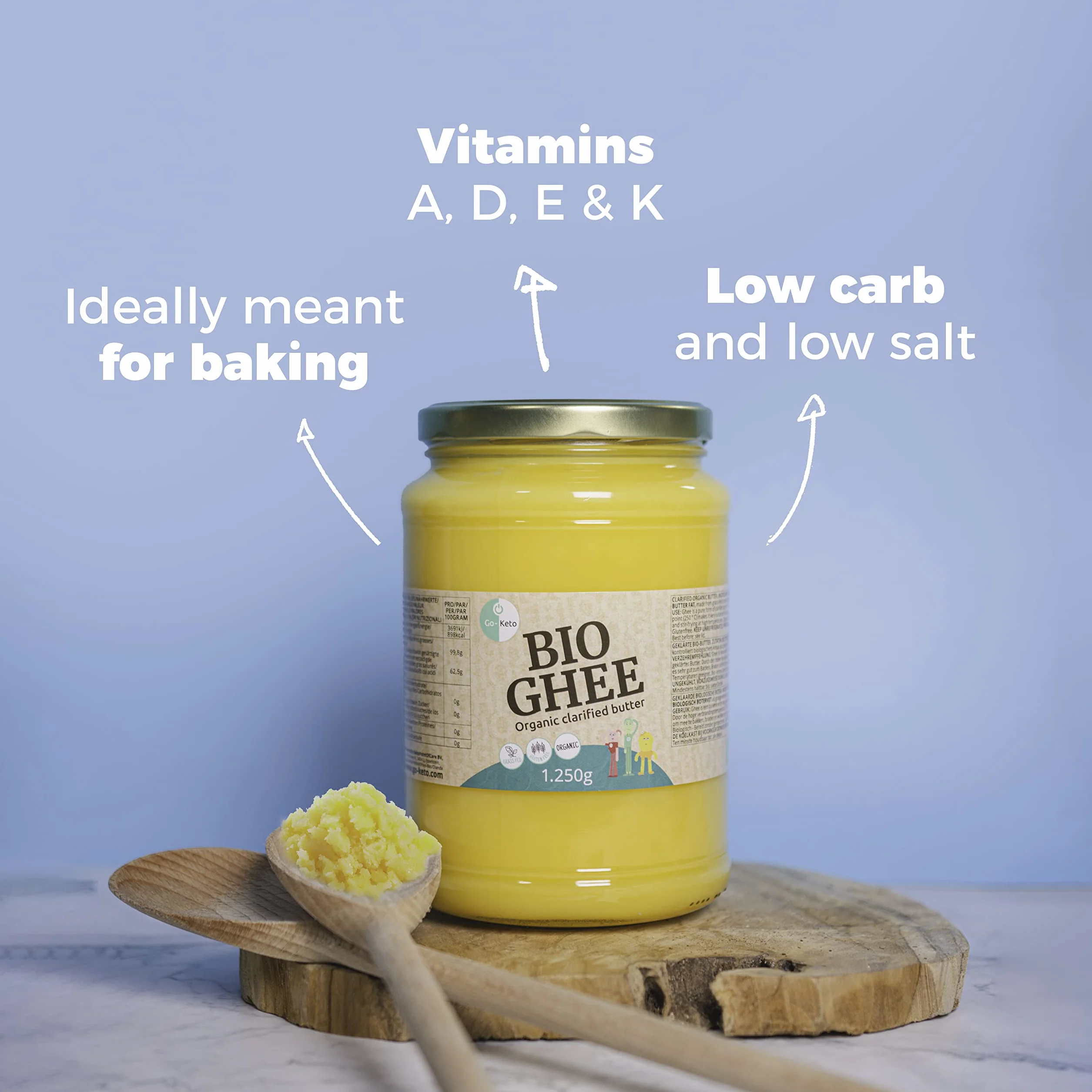 Go-Keto BIO Ghee, 1250g | Burro 100% chiarificato, certificato BIO, Ayurveda | perfetto per la dieta cheto | ideale per cuocere e arrostire | Senza lattosio, senza glutine, low carb