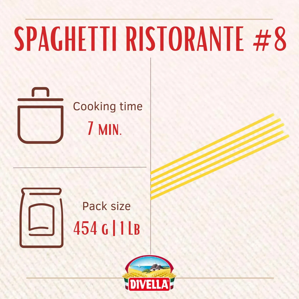 Divella Pasta per spaghetti n. 8, 16 once (confezione da 20) - Autentica pasta italiana fatta con semola di grano duro, consistenza perfetta "Al Dente" per ogni piatto