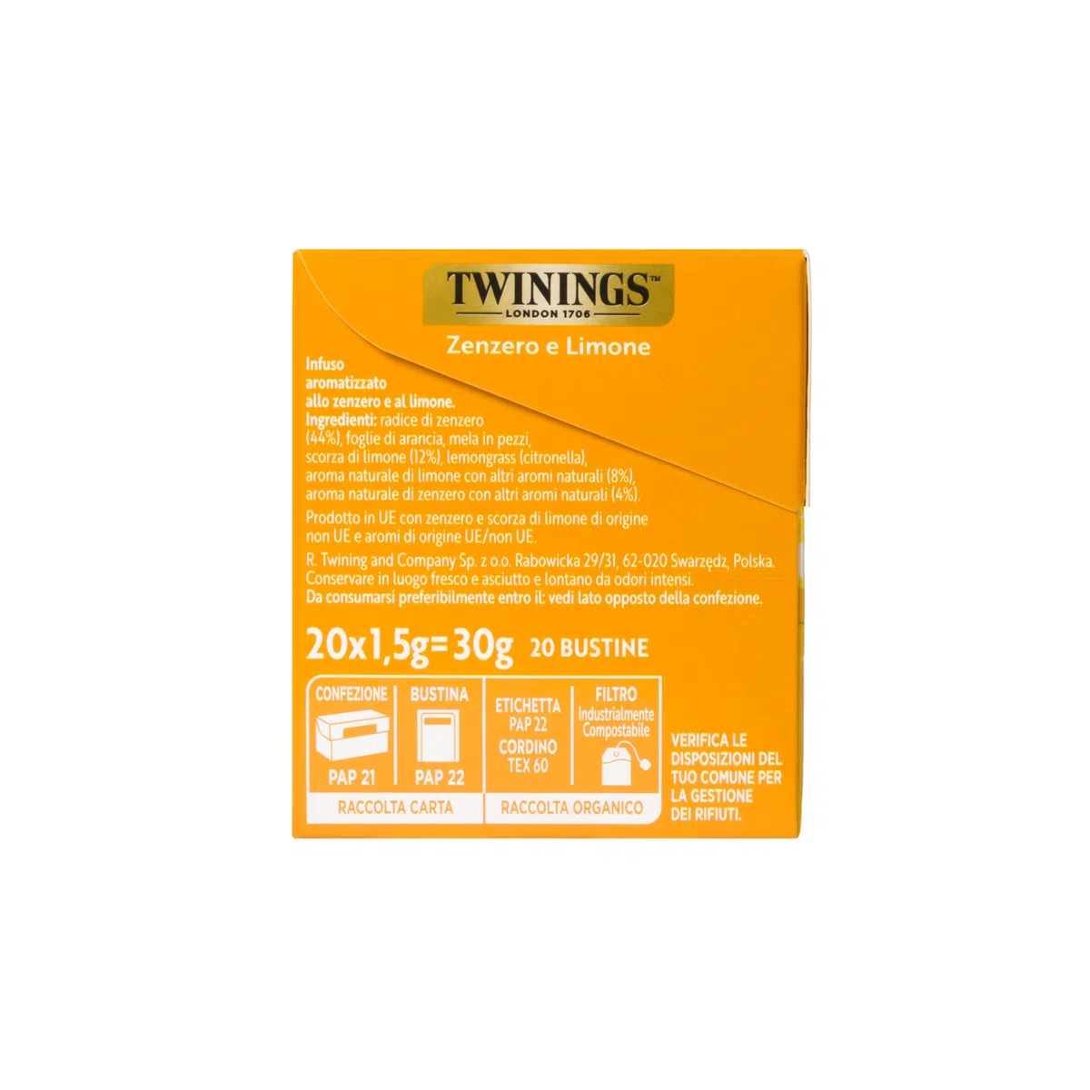 Twinings, Infuso Aromatizzato Sensations Zenzero e Limone, Gusto Frizzante e Avvolgente, Senza Caffeina, Infusi e Tisane, 6 Confezioni da 20 Filtri (120 Filtri Totali)