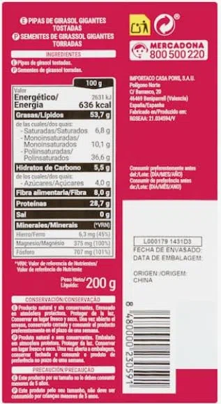 Semi di Girasole Tostati Giganti 0% Sale, Naturali, Sgusciati, 200g, pack 5