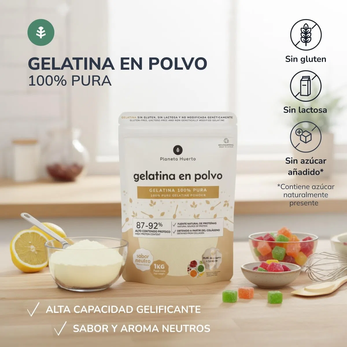 PIANETA ORTO | Gelatina neutra in polvere 1 Kg | 100% pura fonte di collagene e proteine (87-92%) | Senza zucchero, senza glutine e senza lattosio | Ideale per dessert, gominole sane e articolazioni