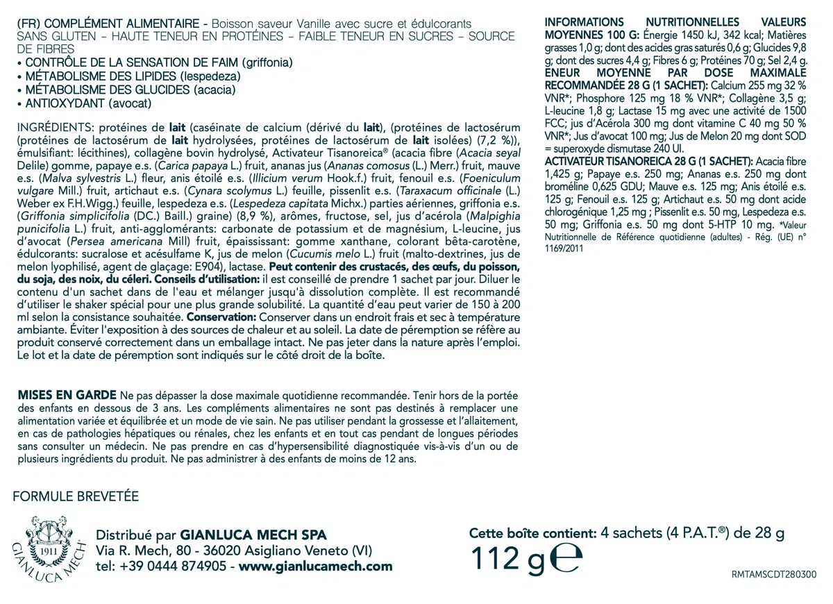 Gianluca Mech | Tisanoreica Bevanda Proteica al Gusto di Vaniglia, 4 x 28g, Integratore Alimentare Keto con Acacia, 341kcal per 100g (Confezione da 2)