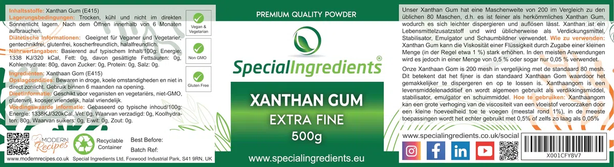 XANTHAN 500g EXTRAFEINE PULVER HÖCHSTER LEBENSMITTEL QUALITÄT - GLUTENFREI, NON GMO (DEUTSCHE ETIKETTEN UND ANLEITUNGEN)