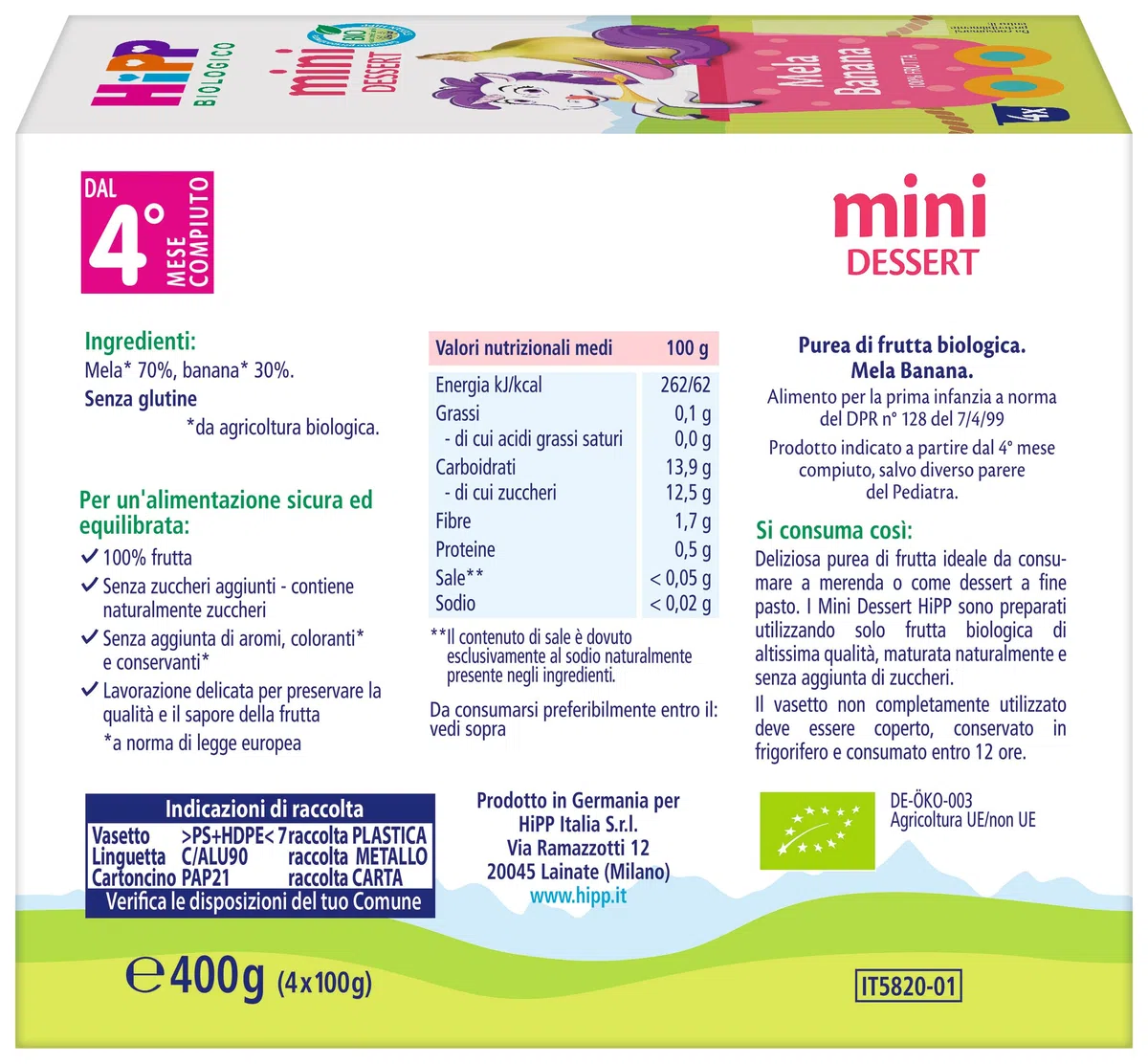 HiPP - Nuovi Mini Dessert, Frutta Grattugiata Bio, Mela e Banana, Confezione da 24 Vasetti da 100 g