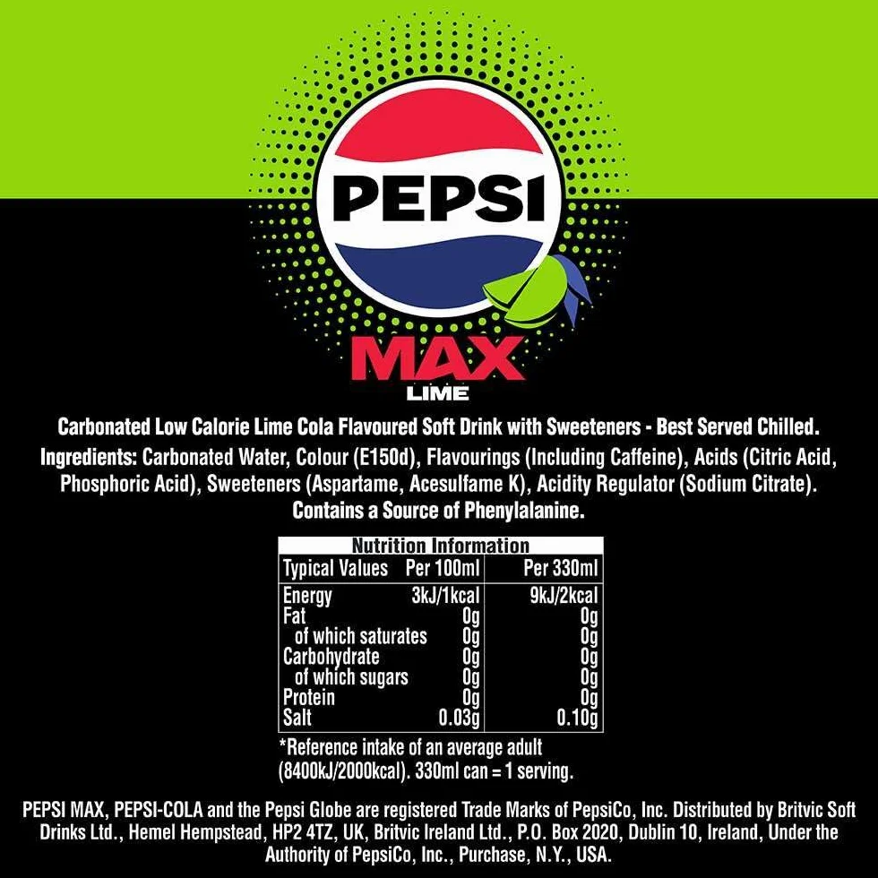 Pepsi Max Lime No Sugar Cola Lattine 24 x 330ml