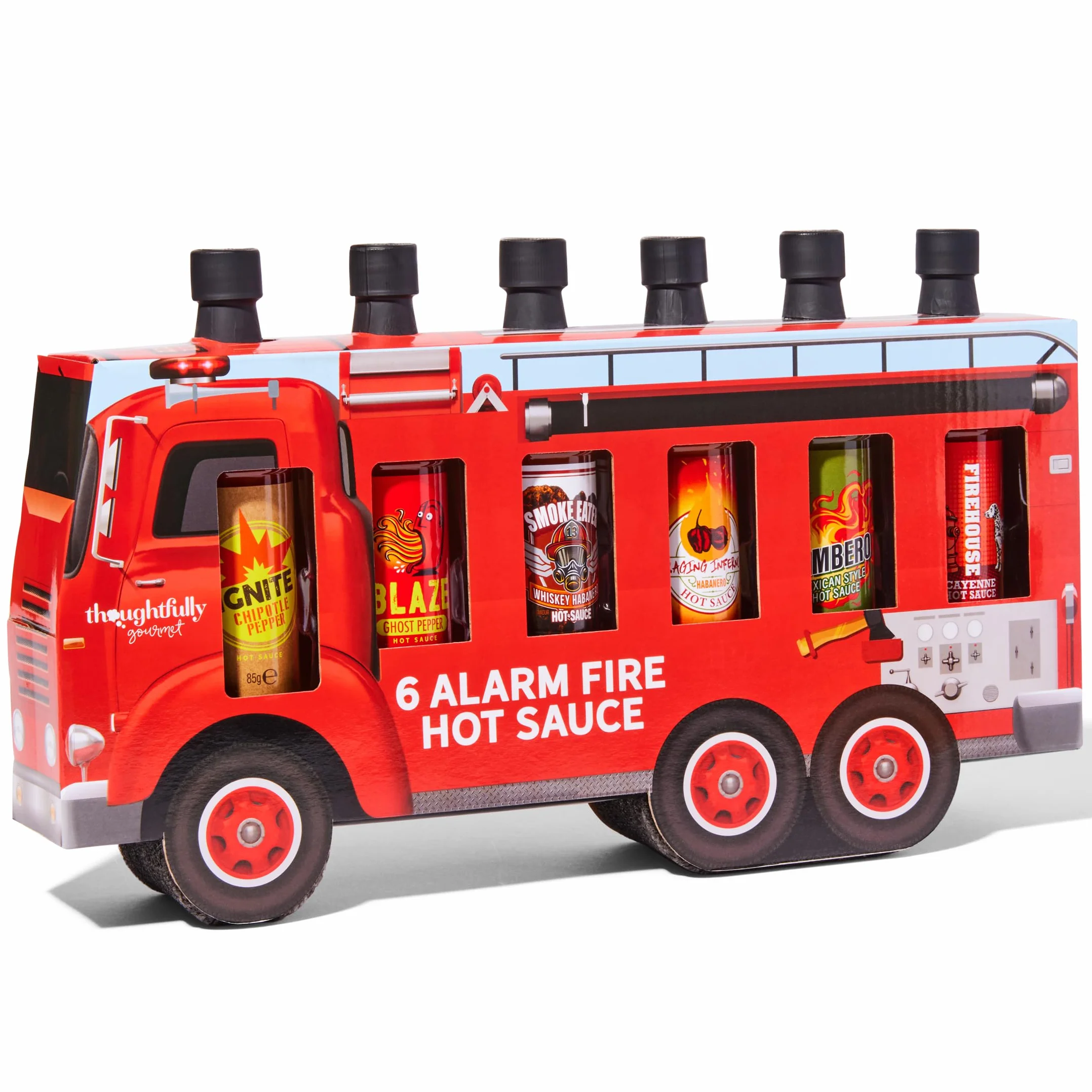 Thoughtfully Gourmet – Set 6 Salse Piccanti Camion dei Pompieri – Ghost Pepper, Chipotle, Habanero & Altro – Regalo Originale per Uomo – Compleanno & Festa del Papà – 6 x 85 g