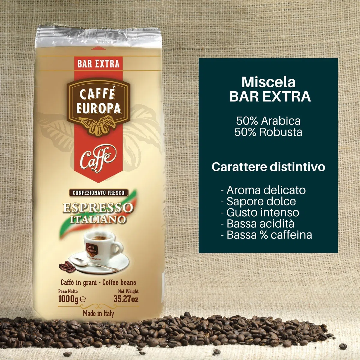 Caffè Europa – Caffè in Grani Miscela Bar Extra 50% Arabica 50% Robusta, Tostatura Artigianale Lenta – Espresso Italiano Cremoso e Intenso – Per Macchine Automatiche e Moka – 2 kg