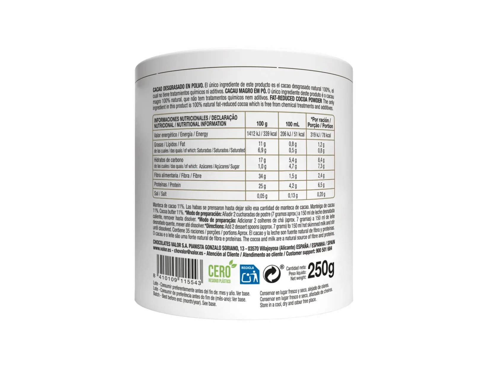 cioccolato a la taza valor 100% cacao 250 gr