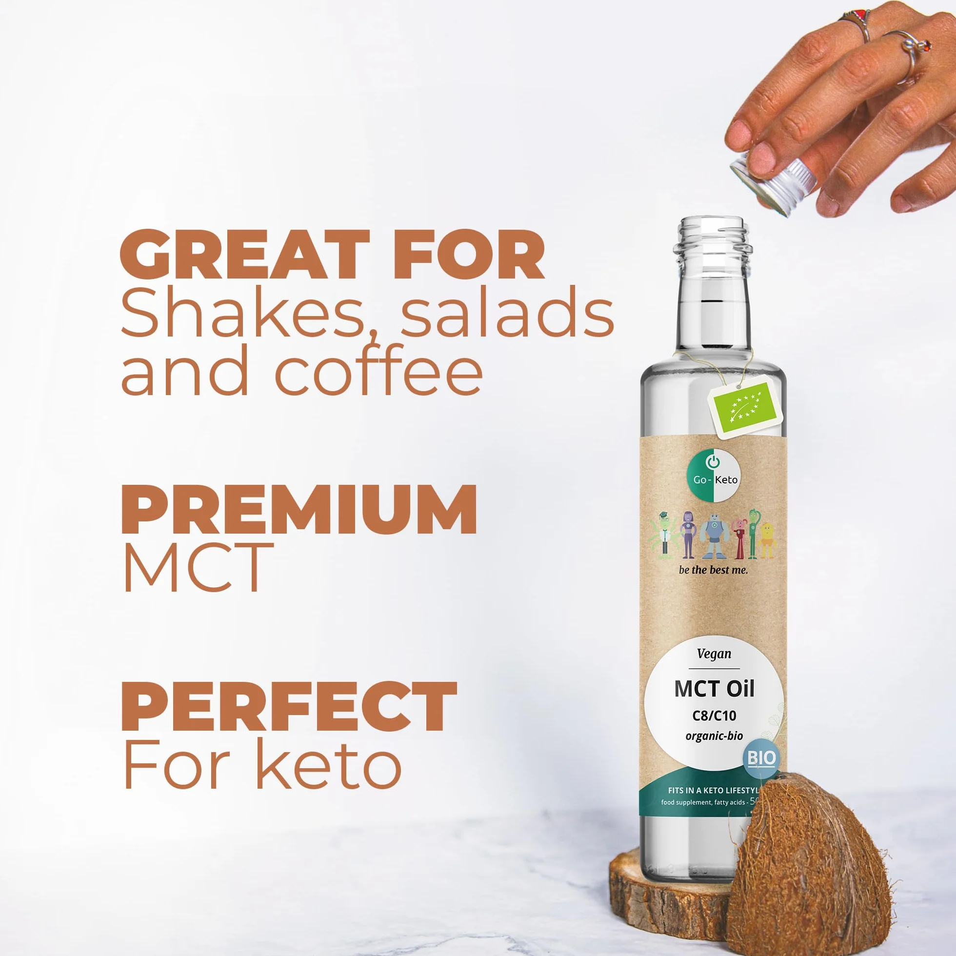Go-Keto BIO MCT Oil, 500ml | Olio MCT C8/C10, 100% olio di cocco biologico, senza olio di palma | perfetto per dieta chetogenica | crema di caffè cheto per caffè o frullato cheto | Paleo, vegano