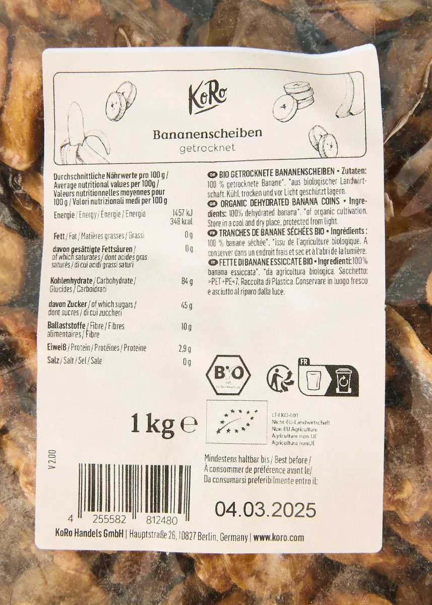 KoRo - Banana essiccata a fettine bio - Senza zuccheri aggiunti* - Chips di banana bio dallo Sri Lanka - Come snack o sul porridge