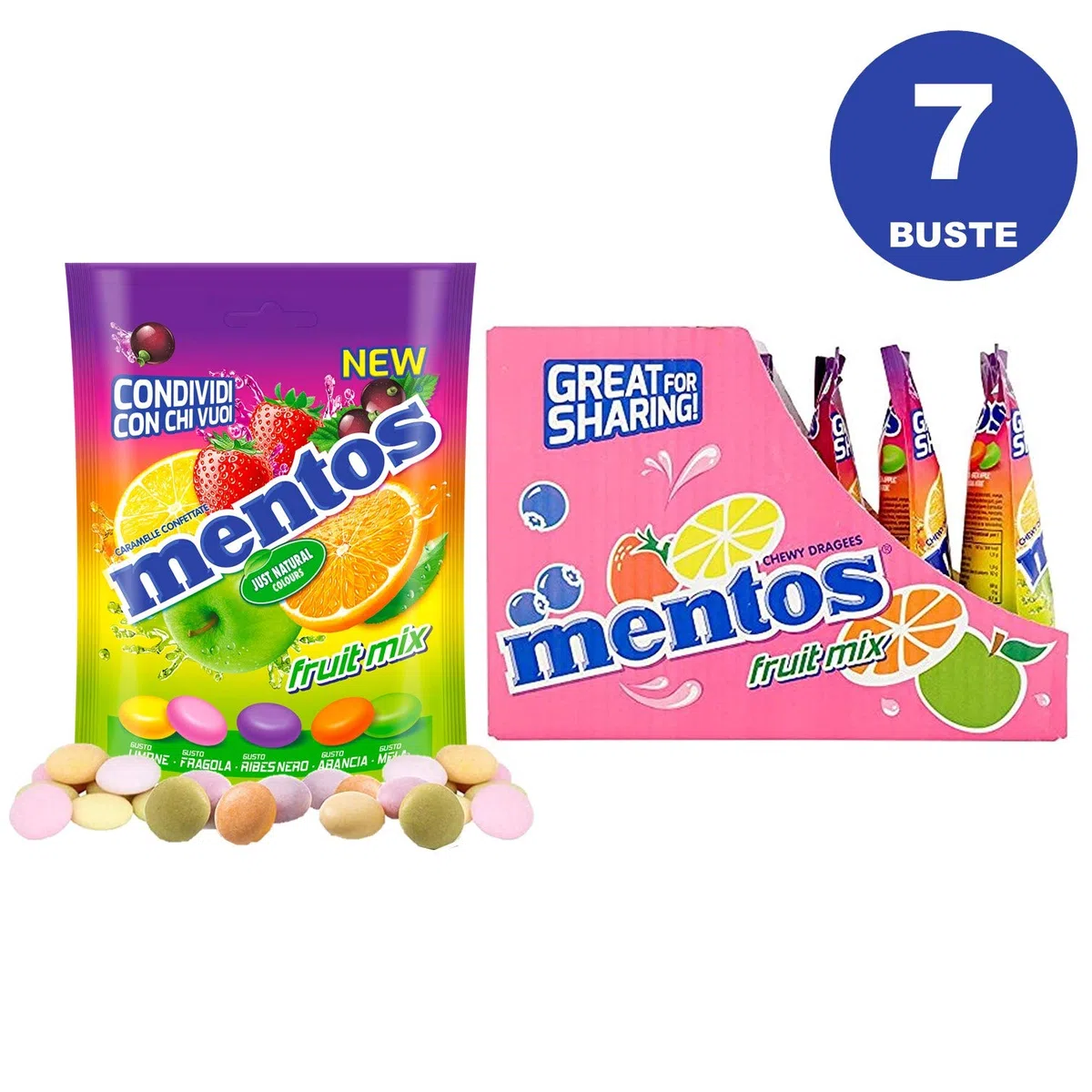Mentos Fruit Mix, Caramelle Confettate, Gusto Limone, Fragola, Ribes Nero, Arancia, Mela Verde, Confenzione con 7 Buste Richiudibili, Formato Pratico e Comodo da portare Sempre con Te