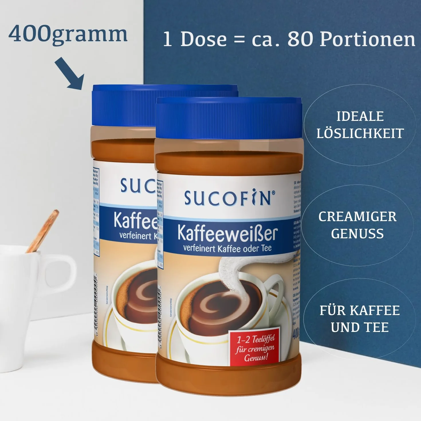 SUCOFIN Confezione da 6 barattoli da 400 g, raffinati caffè e tè facilmente solubili, lunga durata, perfetta sostituzione del latte in polvere, confezione da 6 pezzi per un piacere cremoso