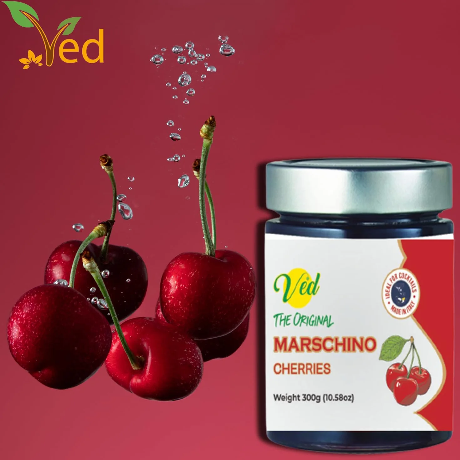 Ved Gourmet Originale Ciliegie Rosse al Maraschino - Ciliegia Italiana per Cocktail Old Fashioned - Cocktail Vegano, Ciliegie Bourbon in Sciroppo Naturale per Topping Cocktail (Pack of Two)