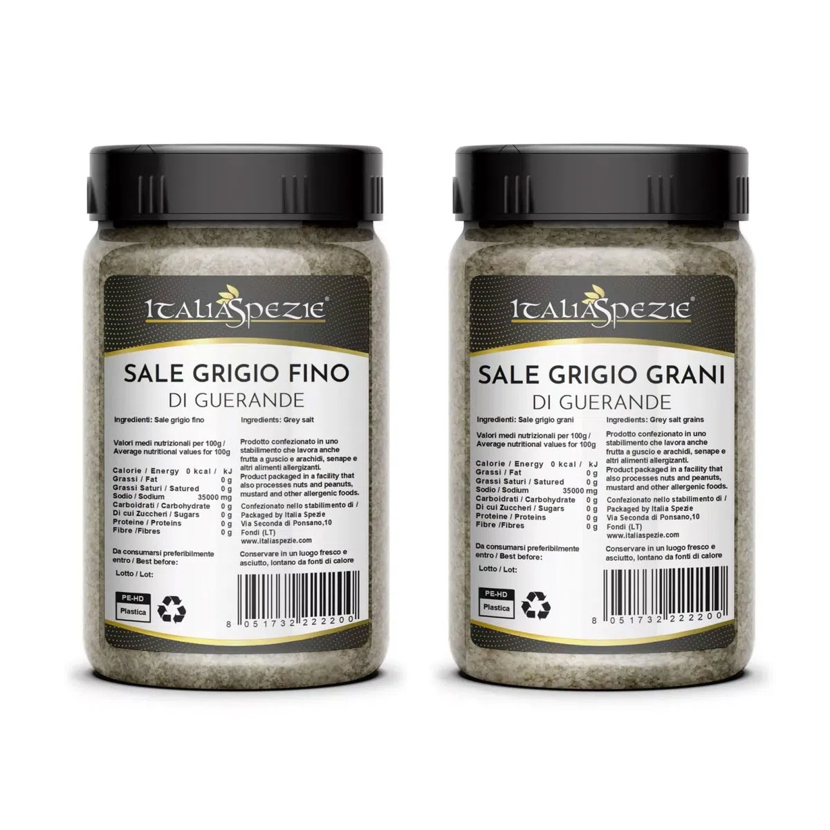 Sale Celtico Grigio Di Guérande, Pacchetto convenienza da 2 Barattoli (1,25 Kg) di sale grigio di Guerande fino e grani, Sale Celtico o Bretone, sale naturale 100% non raffinato, Italia Spezie