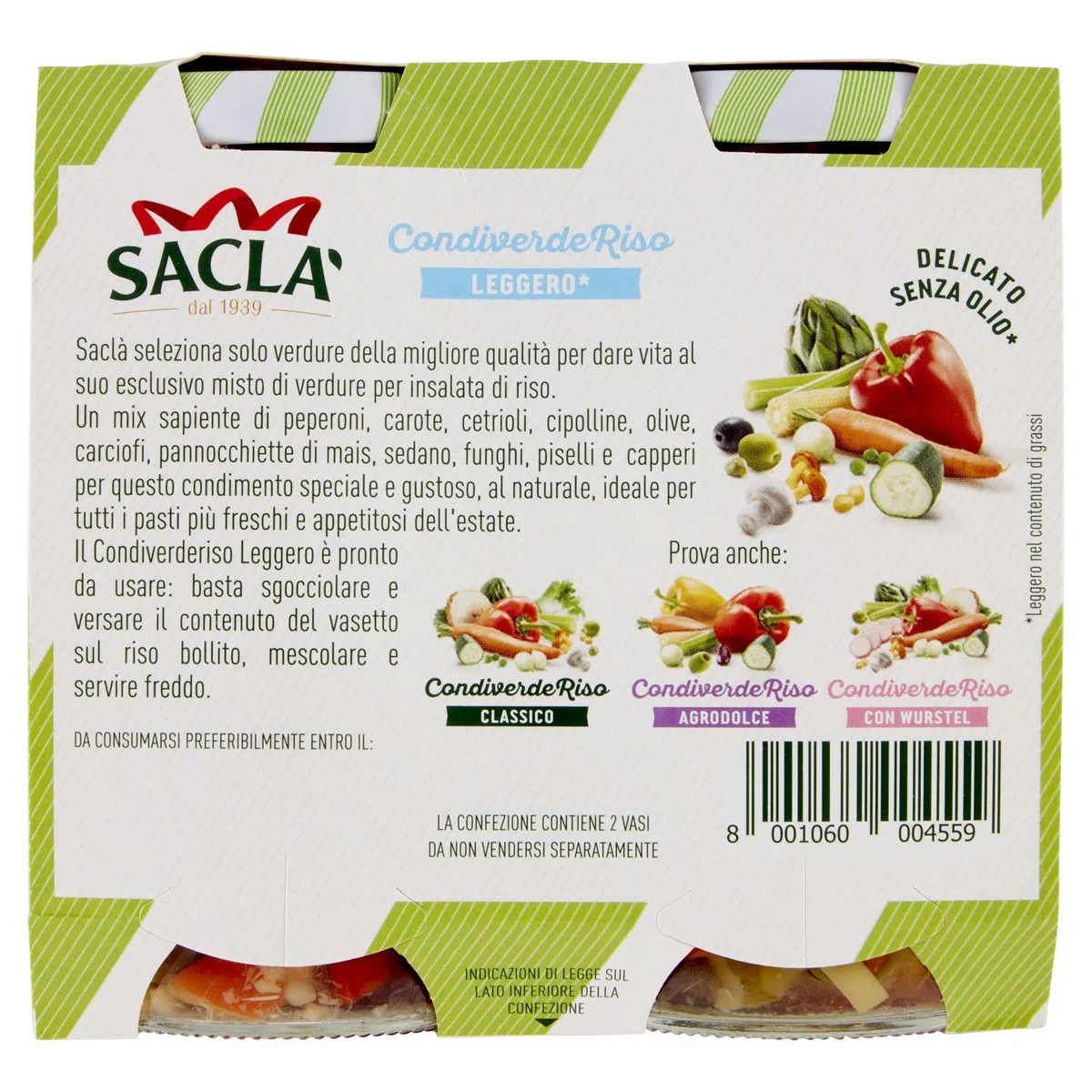 Saclà, Condiverde Riso Leggero Duo, Condimento di Mix di Verdure per Insalata di Riso e altri Cereali, Senza Olio, Vaso Vetro, 2x290g (2x175g sgocciolato), Confezione da 6 pezzi