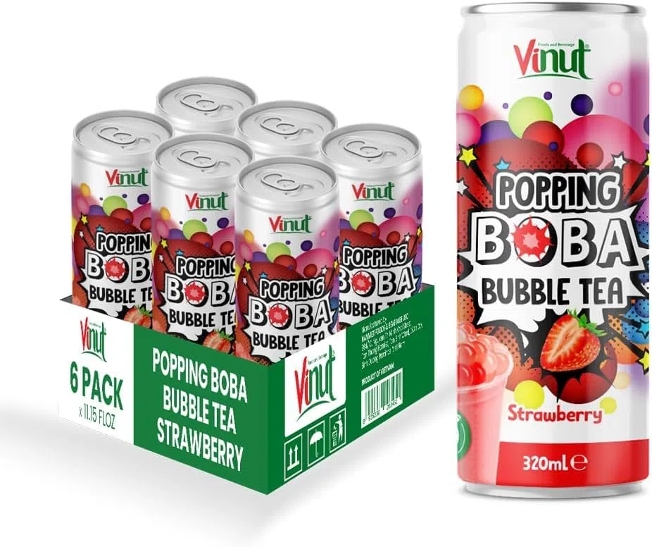Vinut Popping Boba Bubble Tea, gusto fragola, 320 ml, confezione da 6, pronto da bere, a basso contenuto di sodio