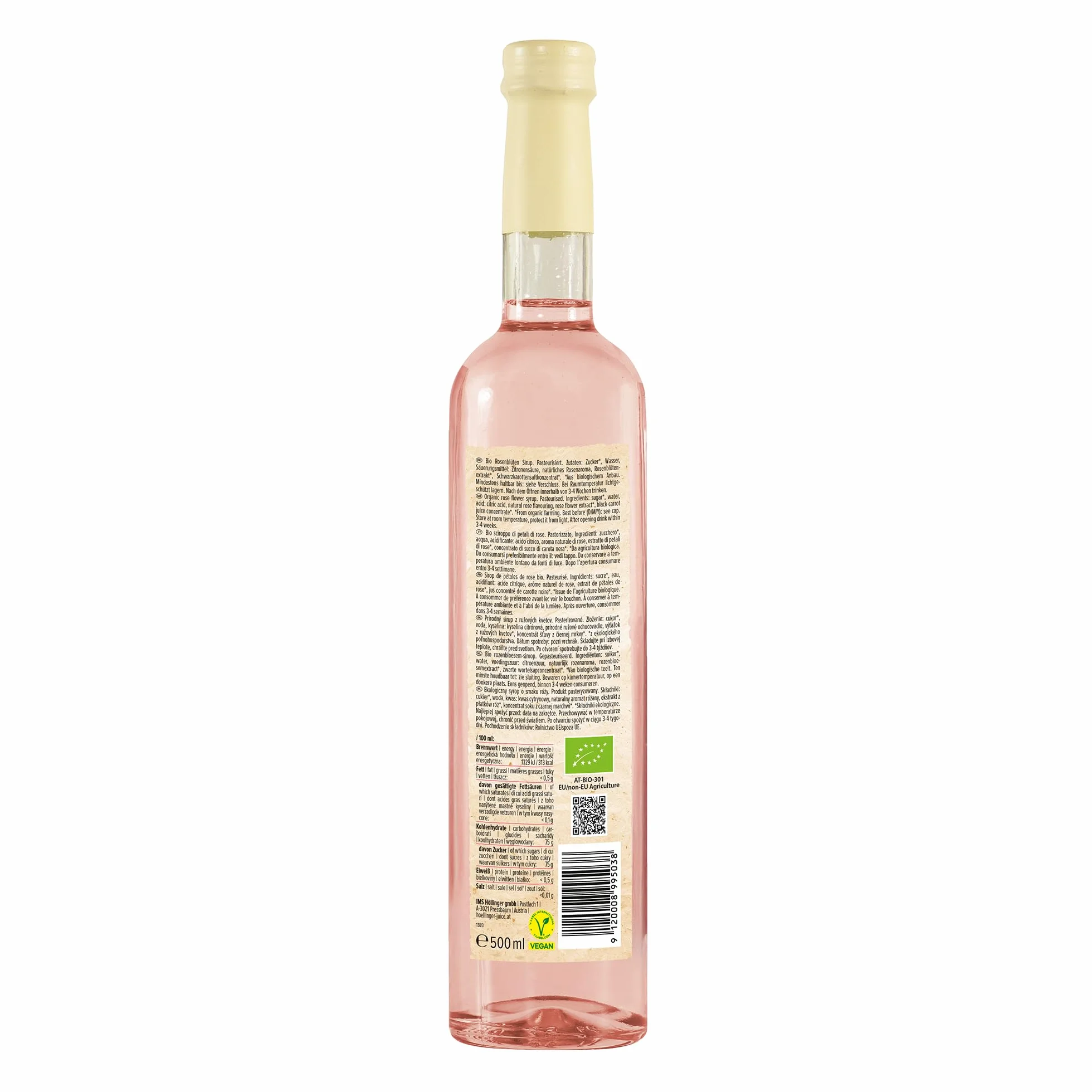 Sciroppo di petali di rosa bio Höllinger - Organic Rose Blossom Syrup, Vegan, 3x500ml Glass Bottle, Floral Flavor