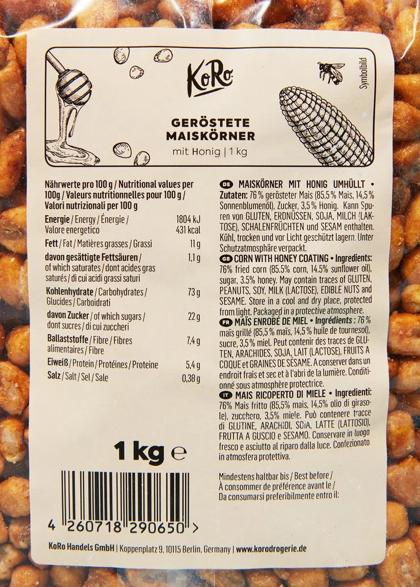 KoRo - Mais tostato con miele 1 kg - snack dolce e salato - super crunchy - vegetariano