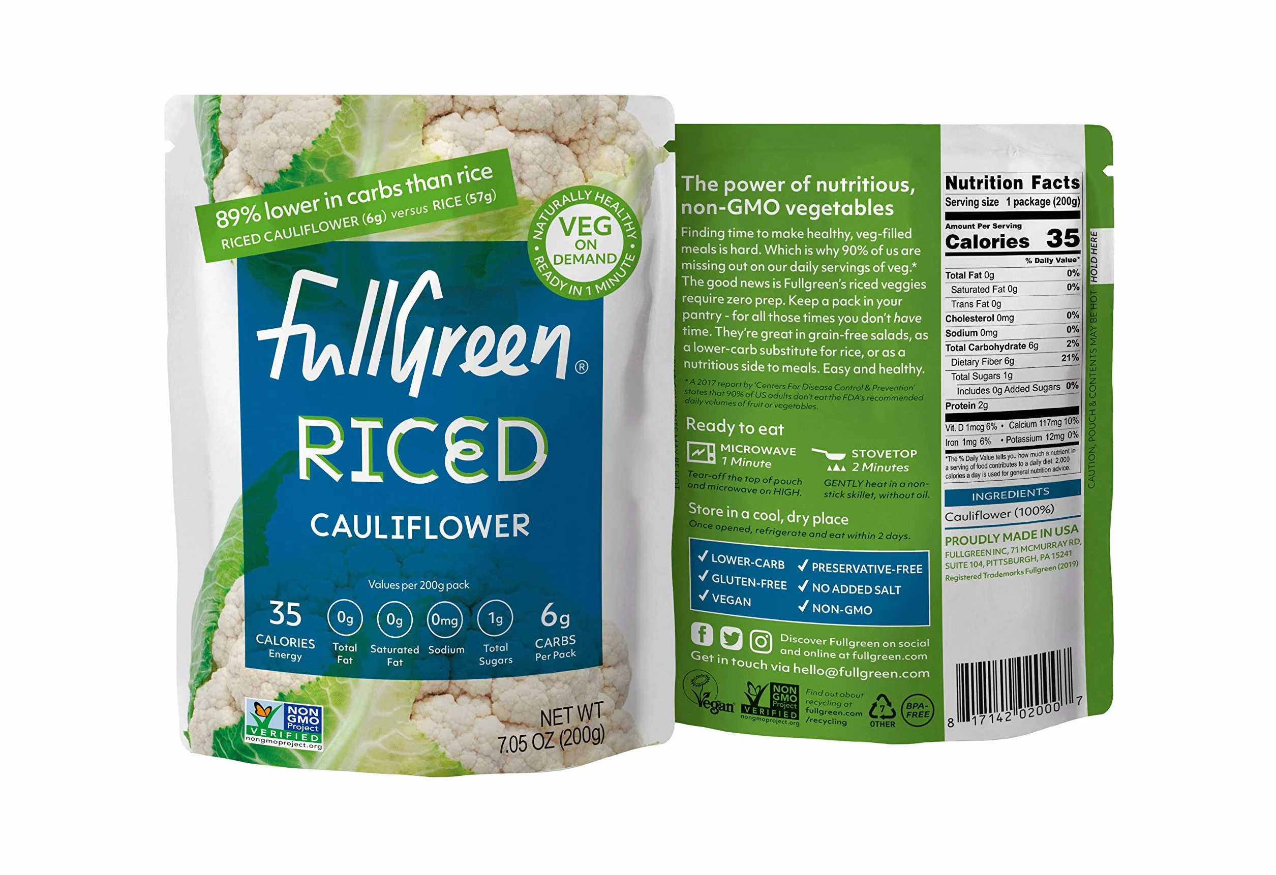 Fullgreen, Cavolfiore riso - 100% cavolfiore, 89% in meno di carboidrati rispetto al riso - Perfetto per diete KETO, NON OGM, stabile senza conservanti - confezione da 6 sacchetti