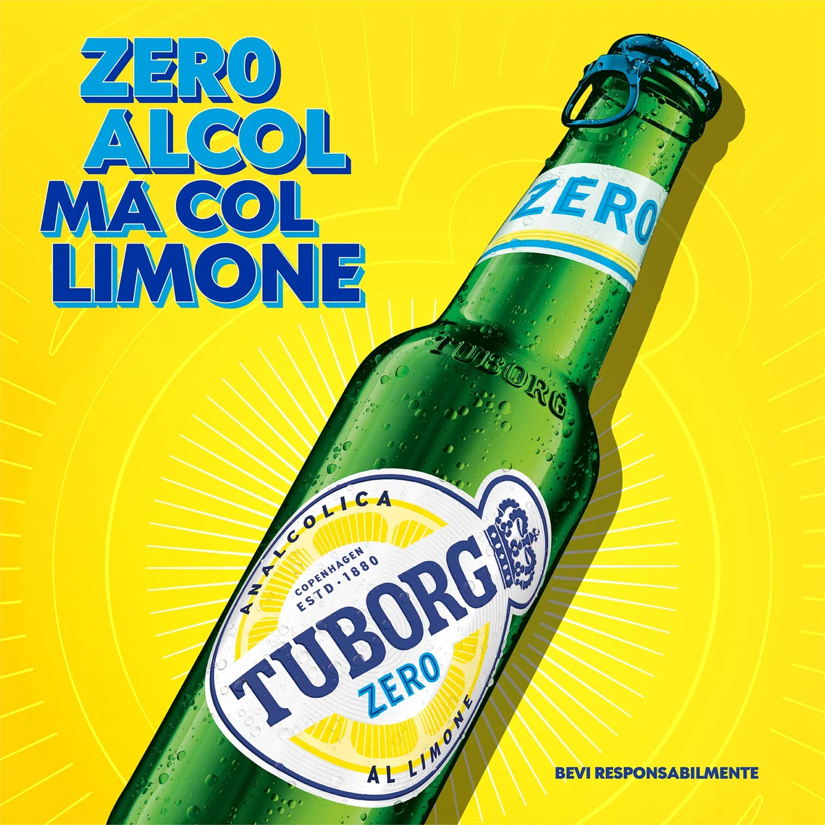 TUBORG Zero al Limone, Birra Analcolica al Limone, Bottiglia 33cl, Confezione da 24 Bottiglie