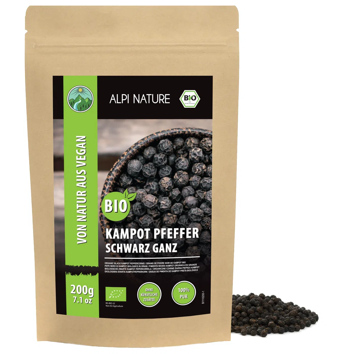 Alpi Nature Pepe Nero di Kampot BIO 200g, Grani di Pepe di Kampot Biologico Interi per Cucinare