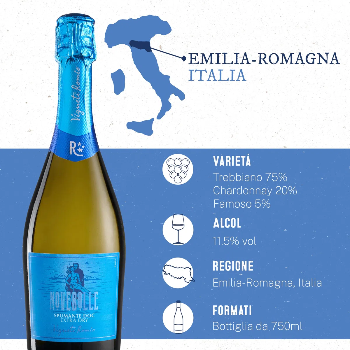 Vigneti Romio Trebbiano Vino Spumante Bianco Novebolle Romagna DOC, Gusto Fresco con Note Fruttate, 11.5% Vol, Confezione con 6 Bottiglie da 750 ml
