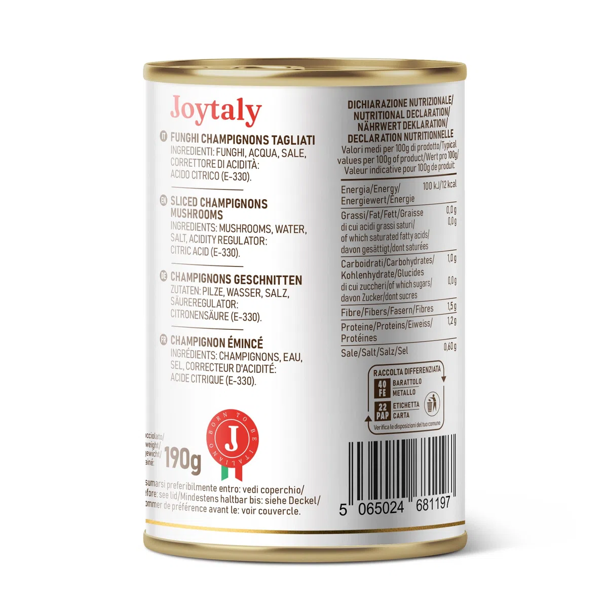 Joytaly Funghi Champignon, Confezione da 12 Lattine da 390g, Prodotto e confezionato 100% Italiano