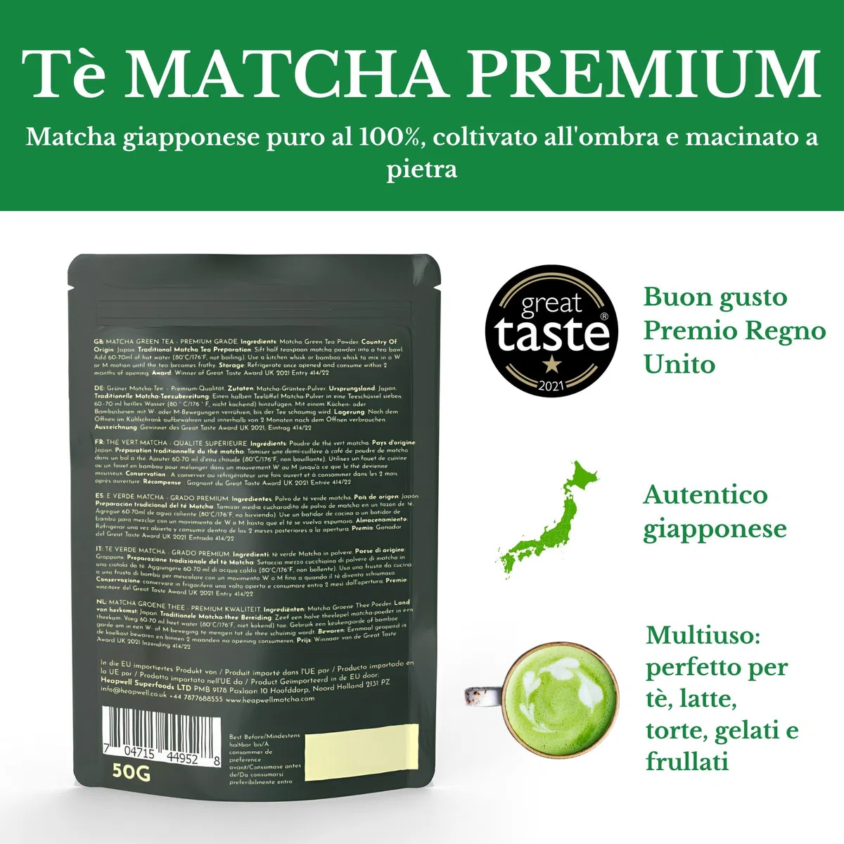Matcha Giapponese Premium da Kagoshima - Tè Verde in Polvere 50g - Per Lattes, Frullati e Torte - Vincitore del Premio "Great Taste" - Heapwell Superfoods