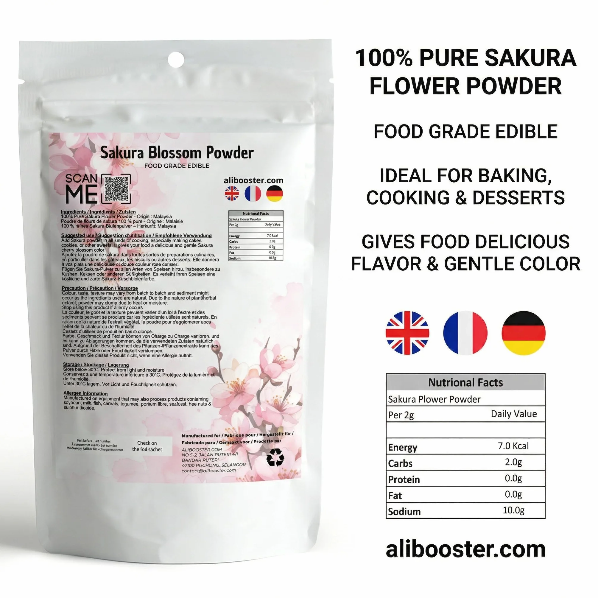 Polvere di fiori di ciliegio 250 g - Fiori di ciliegio in polvere - Qualità alimentare - Ingrediente naturale per pasticceria, bevande e dolci giapponesi