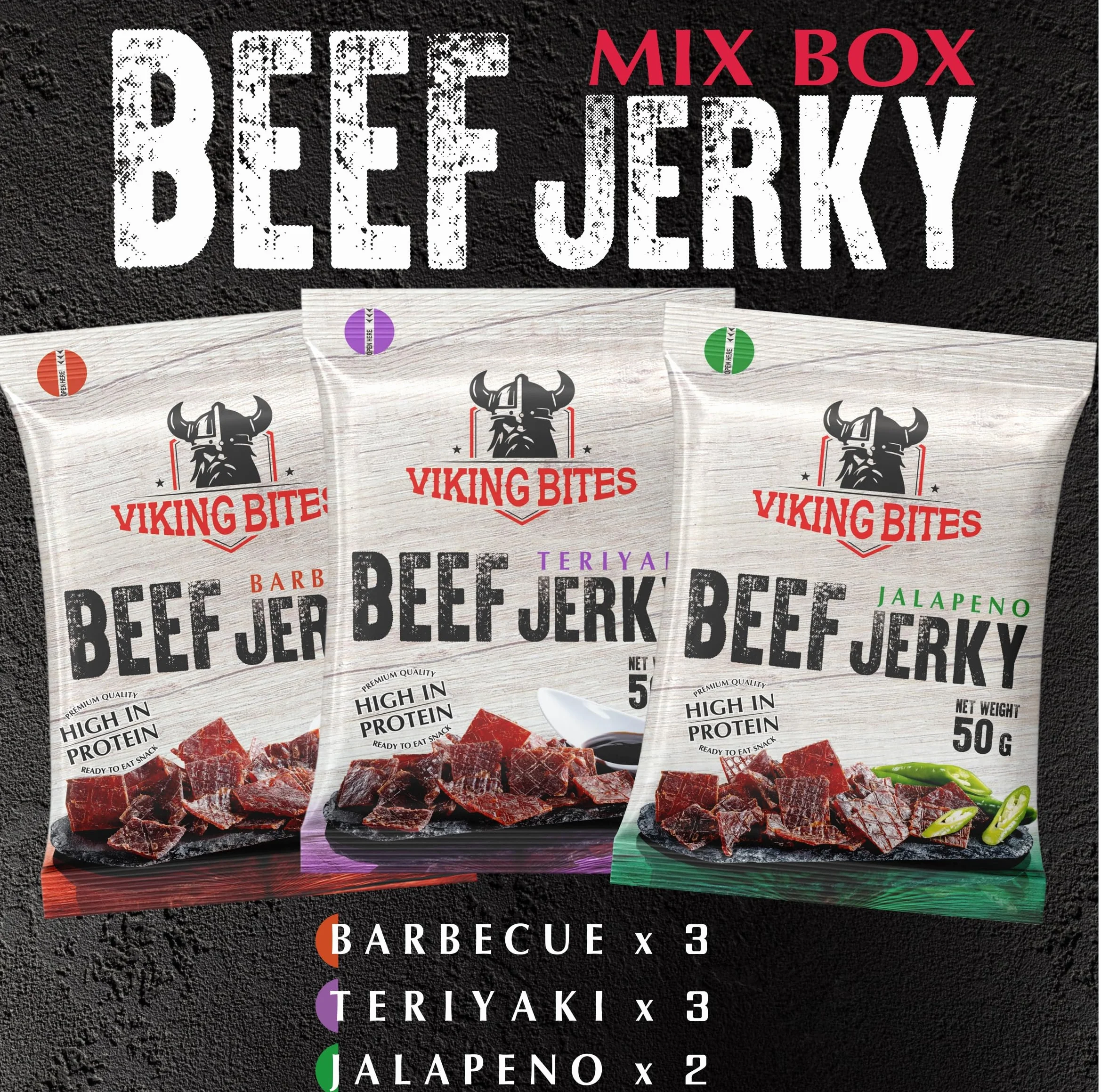 Viking Bites Beef Jerky Mixed box 400 g (8 x 50 g) – 3x Barbecue, 3x Teriyaki, 2x Jalapeno – Manzo essiccato – Snack a base di carne con alto contenuto proteico