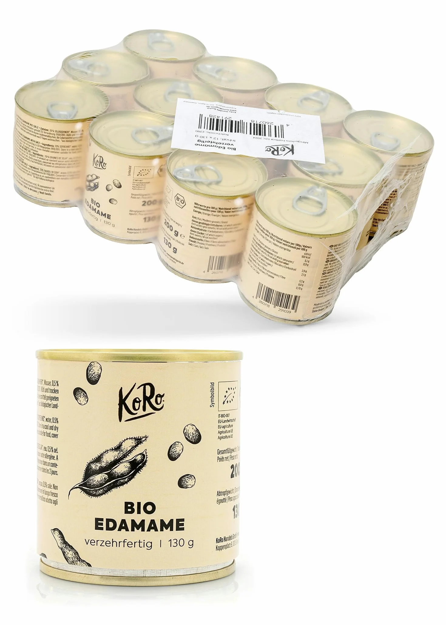 KoRo - Fagioli di soia edamame bio in lattina 12 x 130 g - precotti - lavorati appena raccolti - Snack intelligente