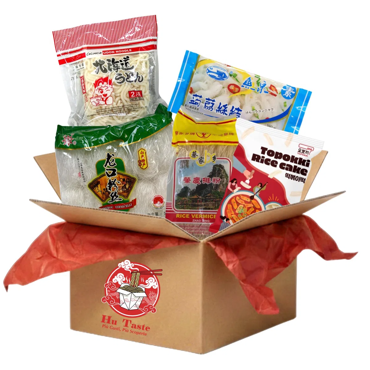 Hu Taste Kit Cibo Asiatico Box Degustazione con Noodles, Spaghetti di Soia, Spaghetti di Riso, Spaghetti Konjac Shirasaki, Udon Giapponese Precotti e Gnocchi di Riso Coreani Tteokbokki