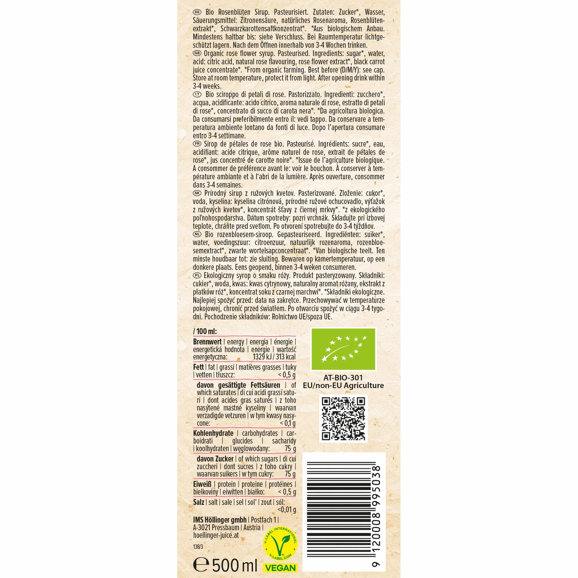 Sciroppo di petali di rosa bio Höllinger - Organic Rose Blossom Syrup, Vegan, 3x500ml Glass Bottle, Floral Flavor