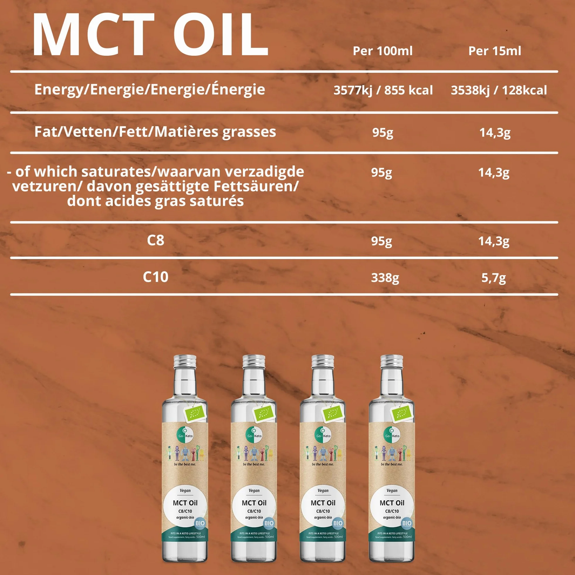 Go-Keto BIO MCT Oil, 500ml | Olio MCT C8/C10, 100% olio di cocco biologico, senza olio di palma | perfetto per dieta chetogenica | crema di caffè cheto per caffè o frullato cheto | Paleo, vegano