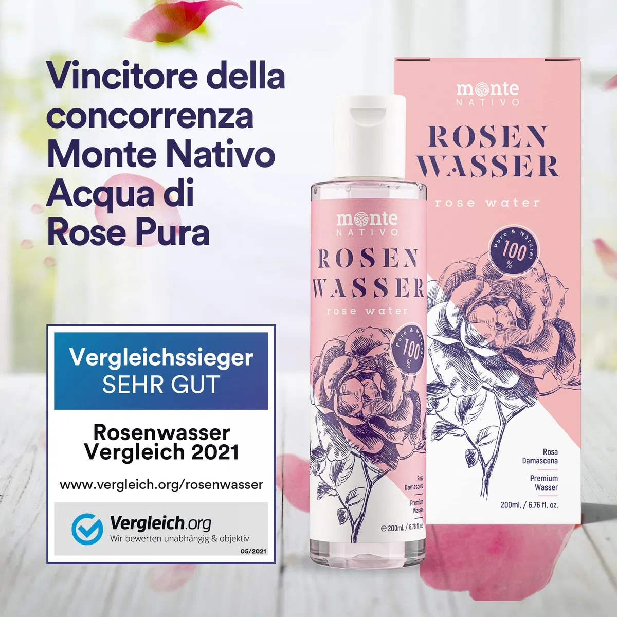 Acqua di Rosе Purа MonteNativo 2x500ml(1000ml)-100% Naturale, Vera Acqua di Rose, Puro e Naturale, Idrolato di Rose Naturali, Doppia Distillazione di Vapore Acqueo, Cosmetici Naturali, Rosa Naturale