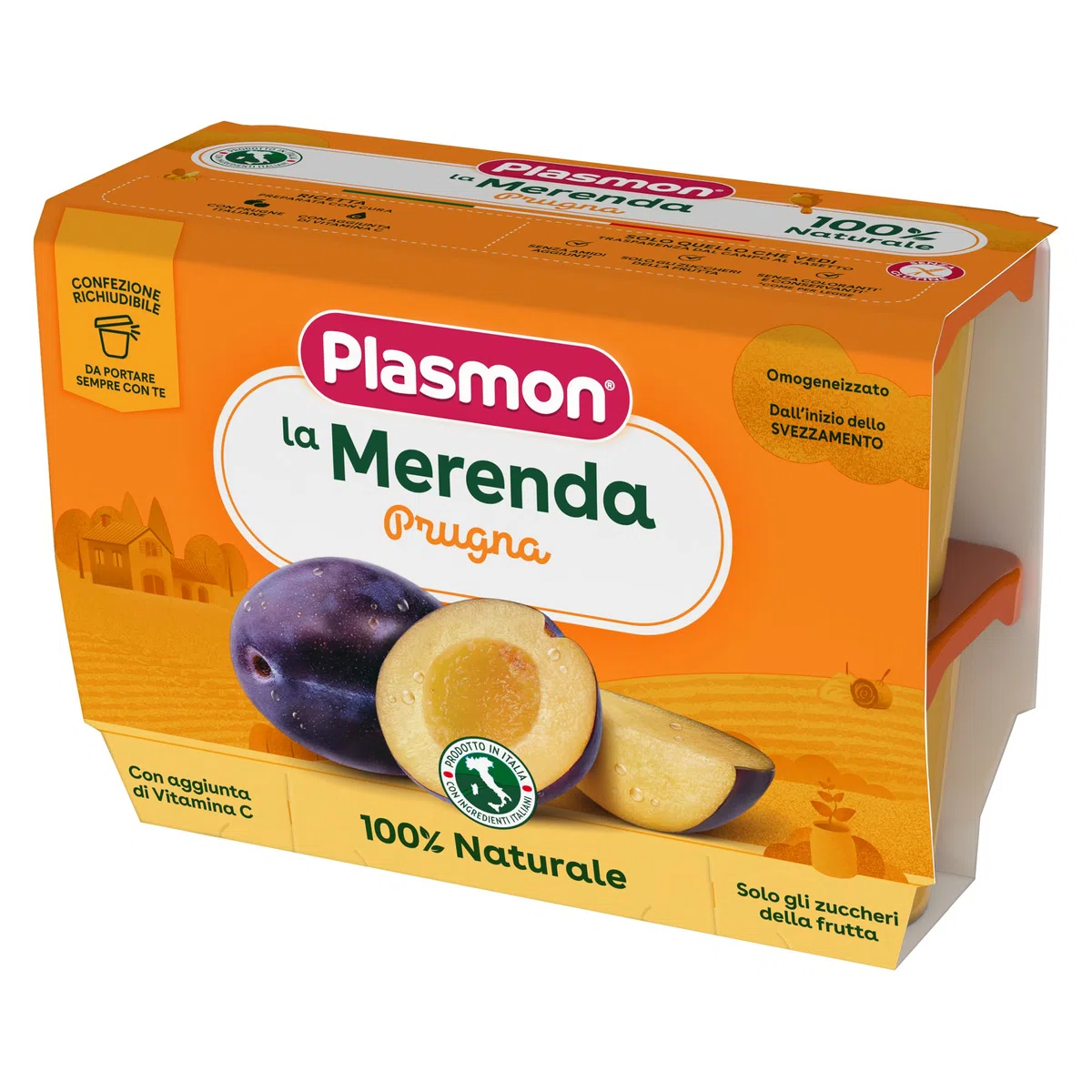 Plasmon Omogeneizzato La Frutta dei Bambini Prugna 4x100gr (6 Confezioni) con Frutta selezionata, 100% Frutta, con aggiunta di Vitamina C