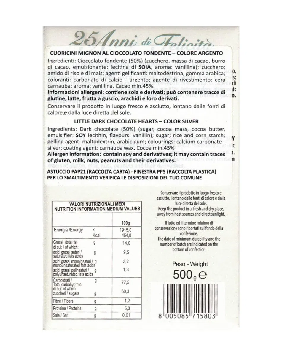 Cuoricini Mignon 25 Anni di Felicità Nozze d’Argento al Cioccolato Fondente – Confetti a Cuore Argento per Anniversario 25 Anni, per crispo 500g