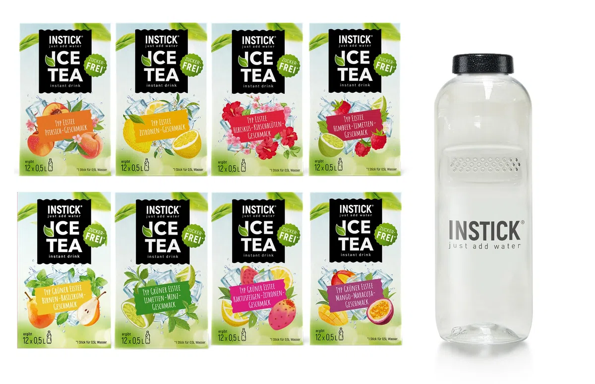 INSTICK bevanda istantanea senza zucchero (confezione tè freddo + borraccia Tritan 1L) 8x12 bustine – per 0,5–1 l – vegana, con vitamina C e a basso contenuto calorico
