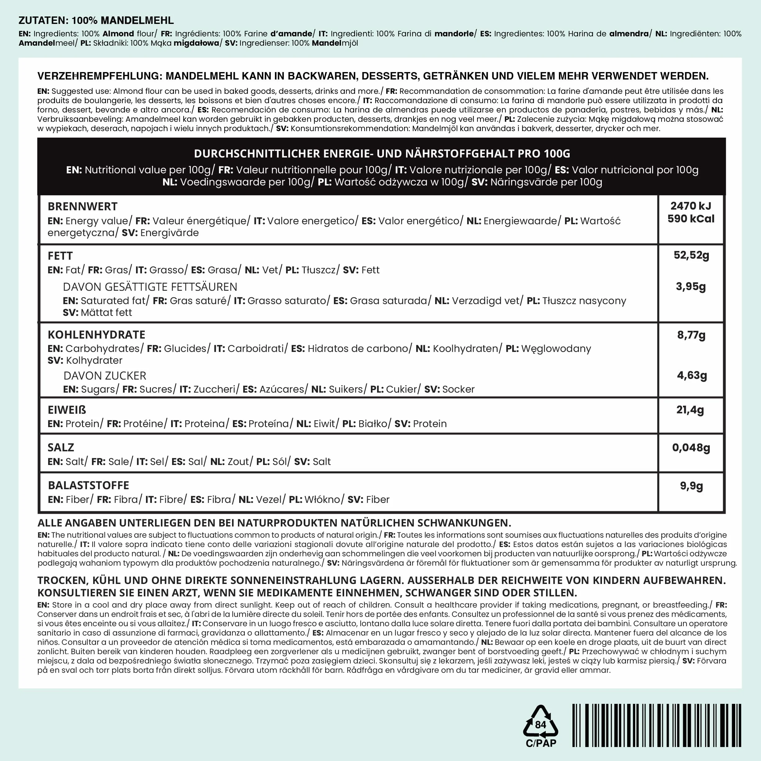 IDDA Herbal Farina di Mandorle 1kg, Mandorle Crude Macinate, Farina senza Glutine, Keto
